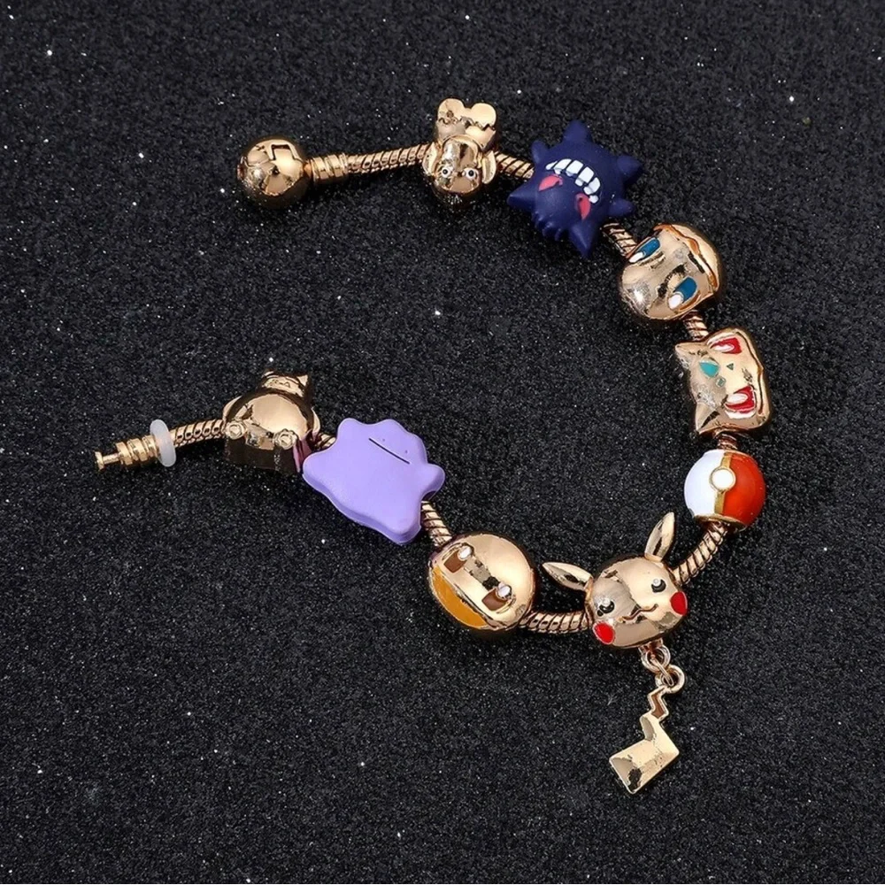 Gold Plated Pokemon Themed Charm Bracelet Adjustable Sizing Design - Picture 6 of 8